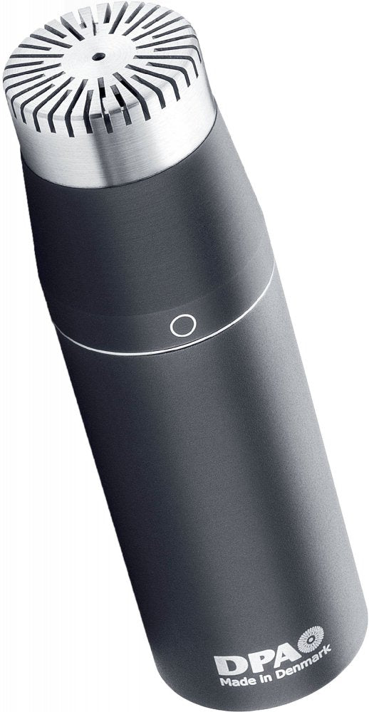 Black and silver microphone with a circular vented grille top and DPA branding at the bottom.