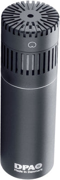 Black cylindrical microphone with vented grille and DPA logo made in Denmark text.