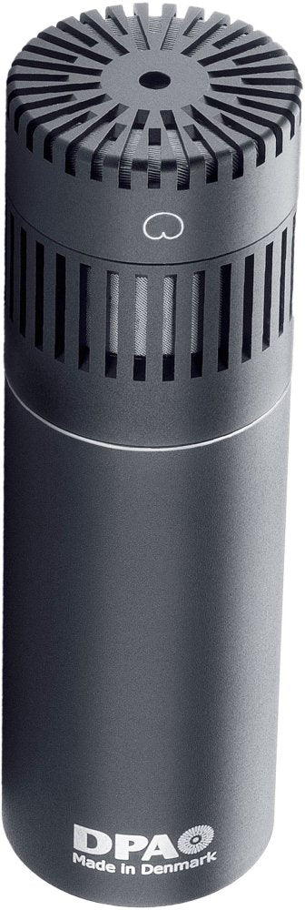 Black cylindrical microphone with vented grille and DPA logo made in Denmark text.