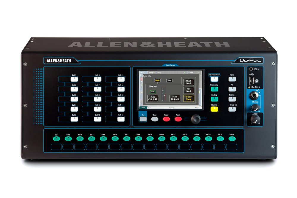 Front view of a black audio mixer with touchscreen, multiple buttons, a rotary knob, and various input/output connectors.
