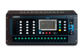 Front view of a black audio mixer with touchscreen, multiple buttons, a rotary knob, and various input/output connectors.