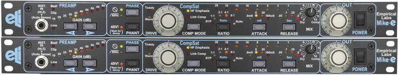 Rackmount preamp and compressor audio unit with knobs, switches, and 1/4 inch jacks.