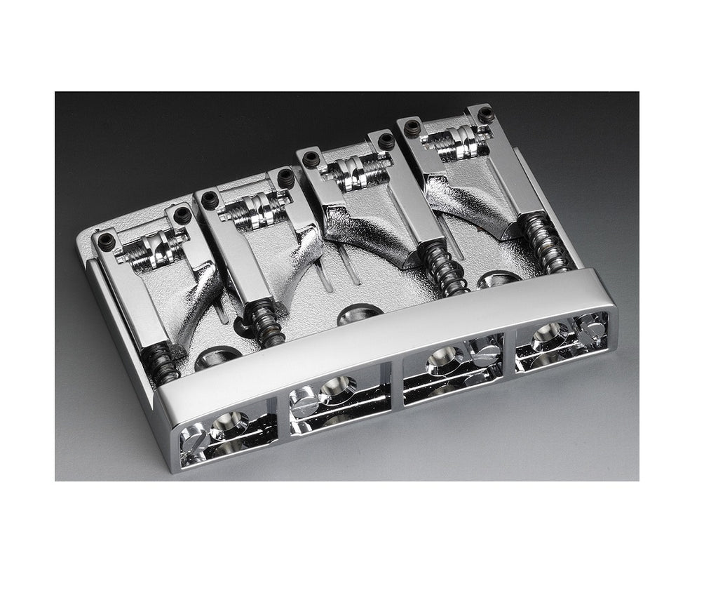 Chrome metal bridge with four adjustable saddles for string attachment on a musical instrument.