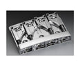 Chrome metal bridge with four adjustable saddles for string attachment on a musical instrument.
