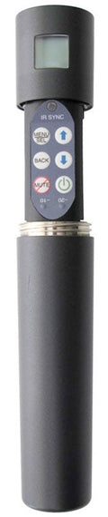 Black handheld microphone with a display and several control buttons on the upper part.