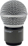 Metal mesh microphone grille and black handle with SHURE and SM58 markings.