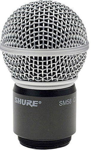 Metal mesh microphone grille and black handle with SHURE and SM58 markings.