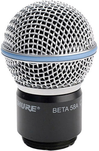 Close-up of a Shure Beta 58A microphone grille head with threaded connector on a white background.