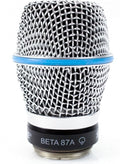 Close-up of a silver metal microphone grille with blue ring and black base labeled BETA 87A.