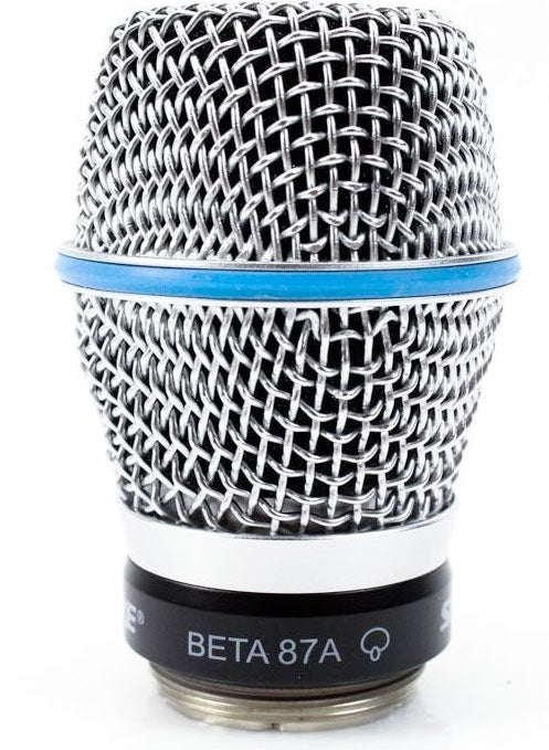 Close-up of a silver metal microphone grille with blue ring and black base labeled BETA 87A.