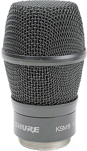 Close-up image of a black metal microphone capsule labeled SHURE KSM9 with a threaded connector base.