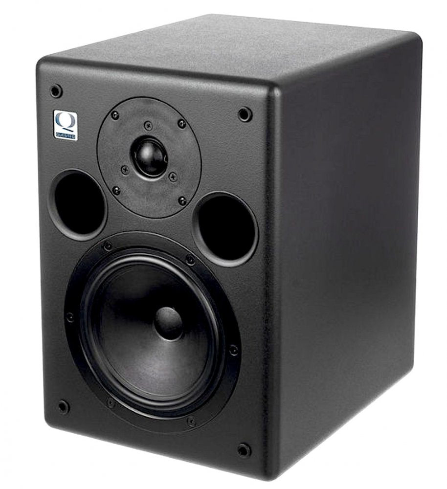 Black studio monitor speaker with two circular ports, a tweeter, and a woofer on the front panel.