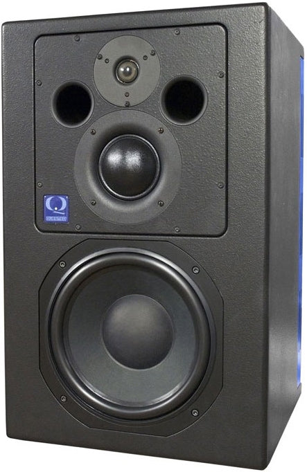 Black studio monitor speaker with three drivers and QUESTED logo on the front panel.