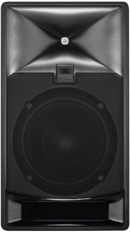 Black JBL speaker with metal mesh grille and JBL logo on front in a studio monitor style enclosure.