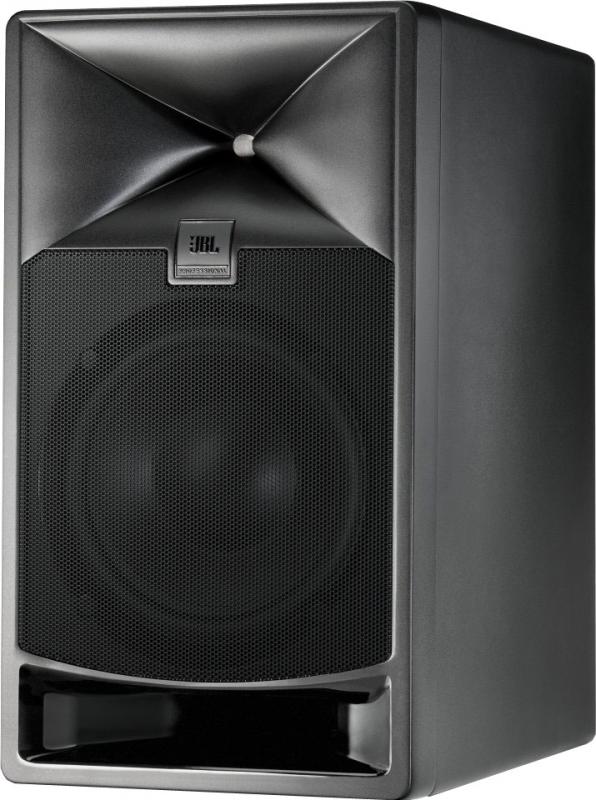 Black studio monitor speaker with metal grille and JBL logo on the front.