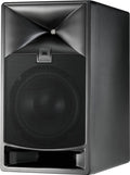 Black studio monitor speaker with metal grille and JBL logo on the front.