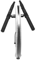 Two black microphones mounted on a silver adjustable clamp with a reflective panel in the center.