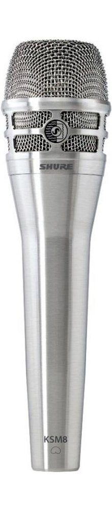 Silver handheld microphone with metallic mesh grille and SHURE branding on body