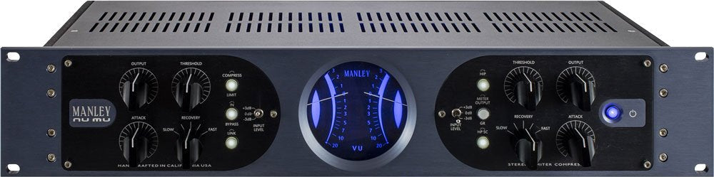 Front view of a Manley Nu Mu stereo filter compressor with rotary knobs, toggle switches, and a VU meter.