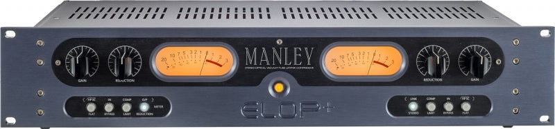 Front panel of a Manley Labs ELOP+ audio device with gain and reduction knobs, meters, and switches.