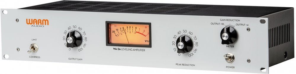 Gray metal audio leveling amplifier with black rotary knobs, toggle switches, and illuminated VU meter on front panel.