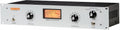 Gray metal audio leveling amplifier with black rotary knobs, toggle switches, and illuminated VU meter on front panel.