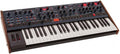 Black synthesizer keyboard with wooden side panels and various knobs, buttons, and sliders on the control panel.