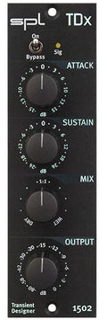 Front panel of a black audio processor module with controls labeled Attack, Sustain, Mix, and Output and a bypass toggle switch.