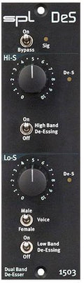 Close-up of a black audio processor control panel with switches, rotary knobs, and indicator lights.