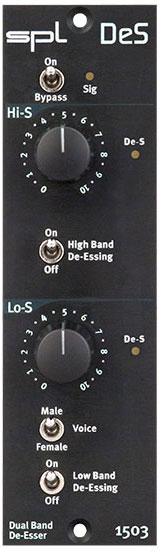 Close-up of a black audio processor control panel with switches, rotary knobs, and indicator lights.
