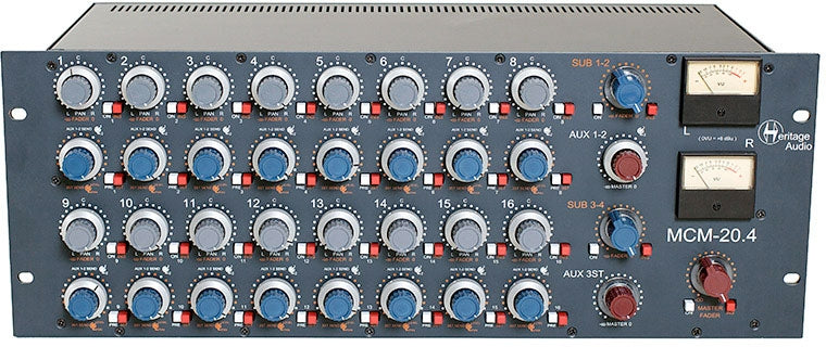 Front panel of a Heritage Audio MCM 20.4 mixer with rows of knobs, switches, and two VU meters.