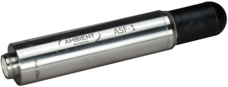 Silver cylindrical device with black end cap and multi-pin connector labeled ASF-1 by AMBIENT RECORDING.