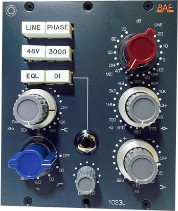 Front panel of a BAE 1023L preamp/DI with multiple rotary knobs, push buttons, and a 1/4 inch jack.