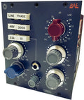 Blue audio preamp panel with multiple knobs, toggle buttons, and a headphone jack labeled BAE 1066DL.