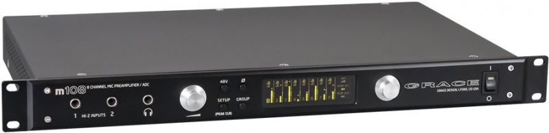 Black 1U rackmount audio preamplifier unit with knobs, 1/4 inch inputs, headphone jack, and LED level meters.