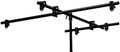 Black metal multi-arm microphone boom stand with adjustable clamp joints.