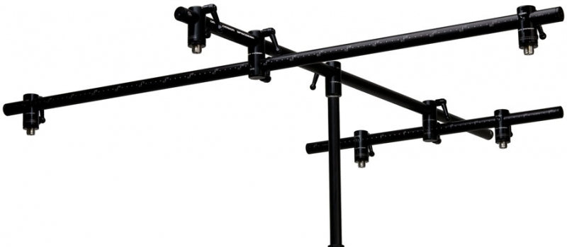 Black metal multi-arm microphone boom stand with adjustable clamp joints.