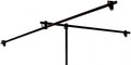 Two black microphone boom arms mounted on a single stand with adjustable knobs for positioning.
