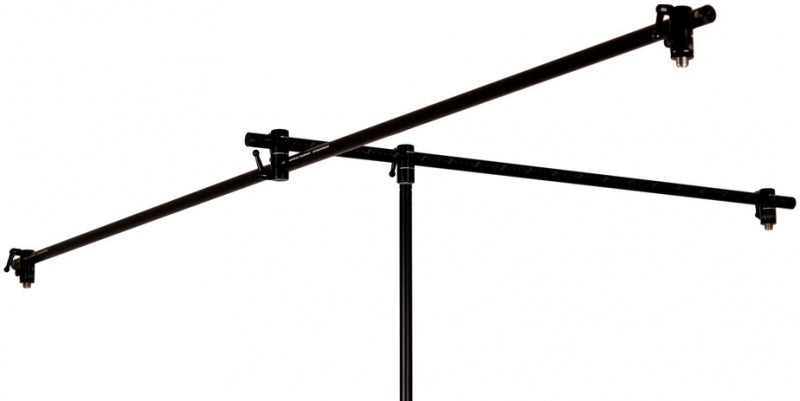 Two black microphone boom arms mounted on a single stand with adjustable knobs for positioning.