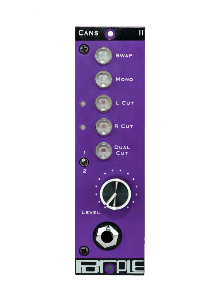 Purple audio device panel with switches, a rotary knob, and one 1/4 inch jack connector