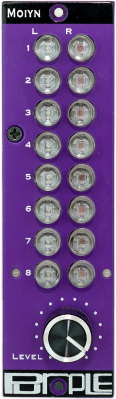 Front view of a purple audio module with eight rows of LED indicators and one rotary level knob.