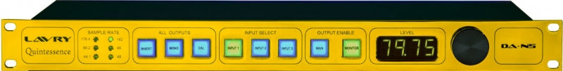 Yellow front panel of audio device with buttons, rotary knob, and digital level display showing 79.75