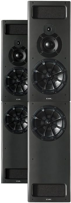 A tall, two-part PMC floor-standing passive studio monitor: a slim main cabinet holding a midrange dome, soft-dome tweeter and a Radial bass driver, combined with a larger XBD bass-extension cabinet containing a second 12-inch Radial driver, in a dark studio finish.