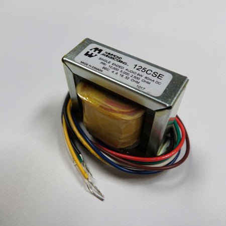 Rectangular metal audio transformer with multiple colored wires and visible label '125CSE' from Hammond Manufacturing.