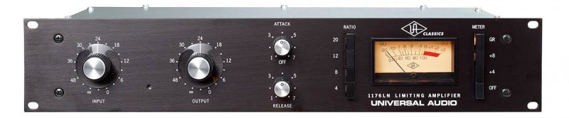 Black 1U rackmount audio compressor with knobs, meter, and ratio switch labeled Universal Audio 1176LN