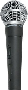 Close-up of a black and silver handheld microphone with a metal grille and a slider switch on the handle.