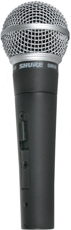 Close-up of a black and silver handheld microphone with a metal grille and a slider switch on the handle.
