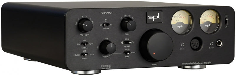 Black audio preamplifier and headphone amplifier with multiple knobs, meters, and ports on the front panel