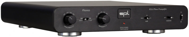 Black SPL Phonos preamplifier with knobs, switches, and indicator light on the front panel.