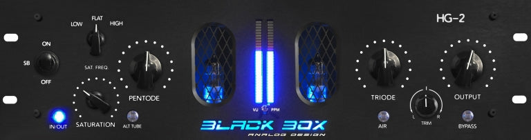 Front panel of an audio processor with knobs, switches, illuminated tubes, and branding labeled HG-2 by BLACK BOX ANALOG DESIGN.
